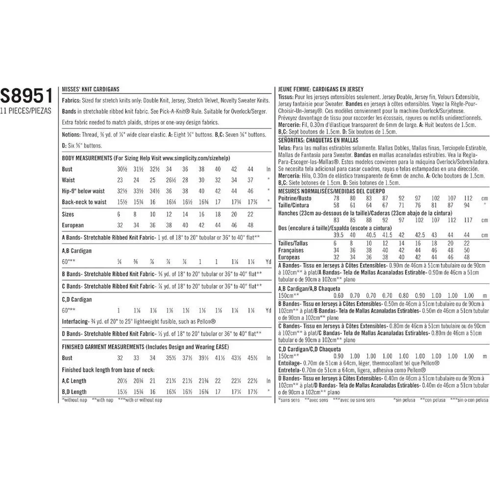 Simplicity S8951 Womens Banded Cardigan Sewing Pattern‎ Sizes 6-14 Double Knit